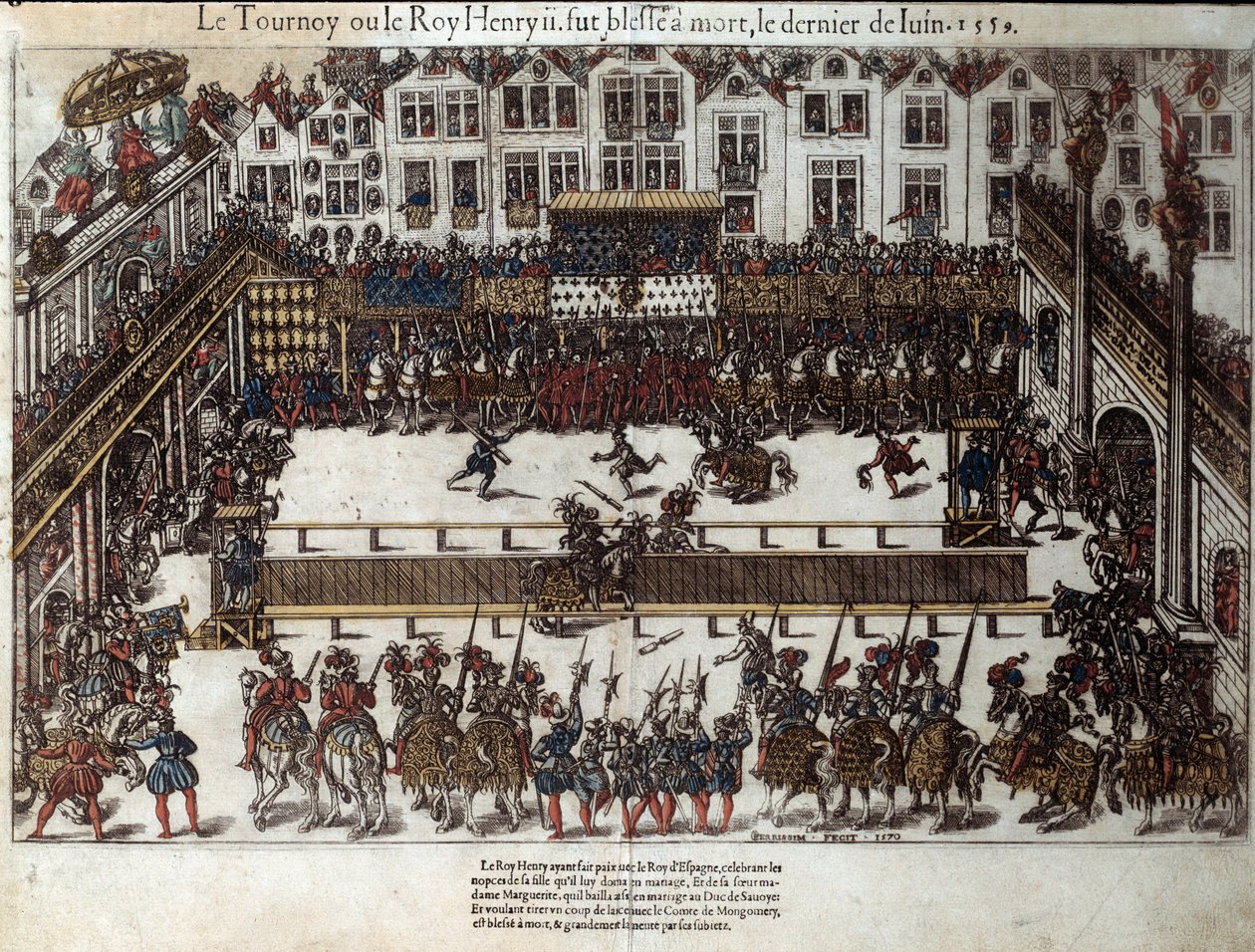 Henri II:n turnaus ja kuolema (30. kesäkuuta 1559): tyttärensä häissä (nykyinen paikka des vosges) hän taisteli skotlantilaisen kaartinsa kapteenia Gabriel de Montgomerya vastaan, joka satuttaa häntä keihään silmässä. Kaiverrus 1500-luvulta Pe tekijältä J. J. and Tortorel J. (fl.1568 92) Perrissin