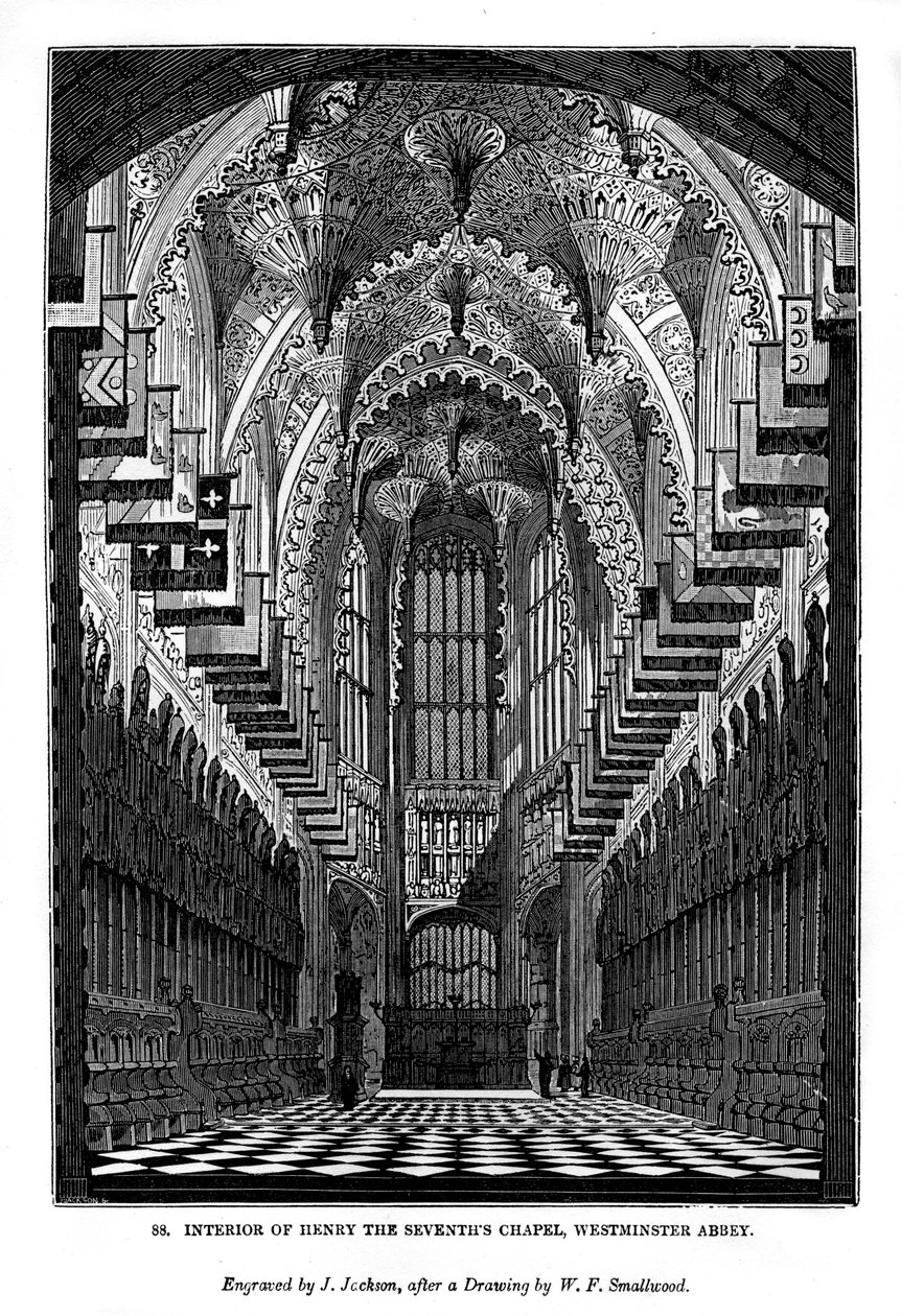 Henry VII:n kappelin sisustus, Westminster Abbey, 1843 tekijältä J. Jackson