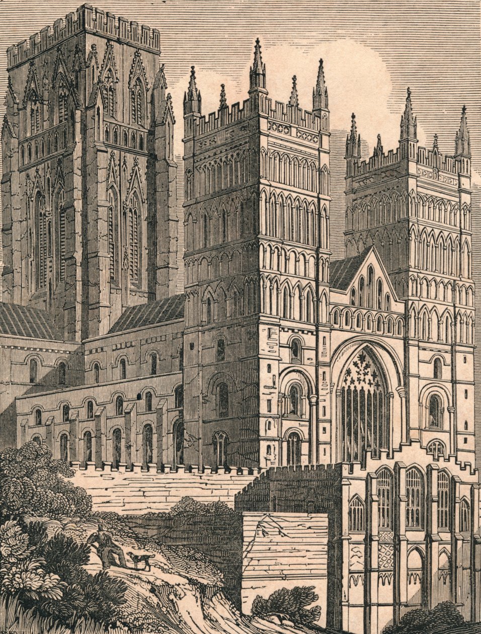 Luoteisnäkymä Durhamin katedraalista, n. 1843. tekijältä J. Jackson