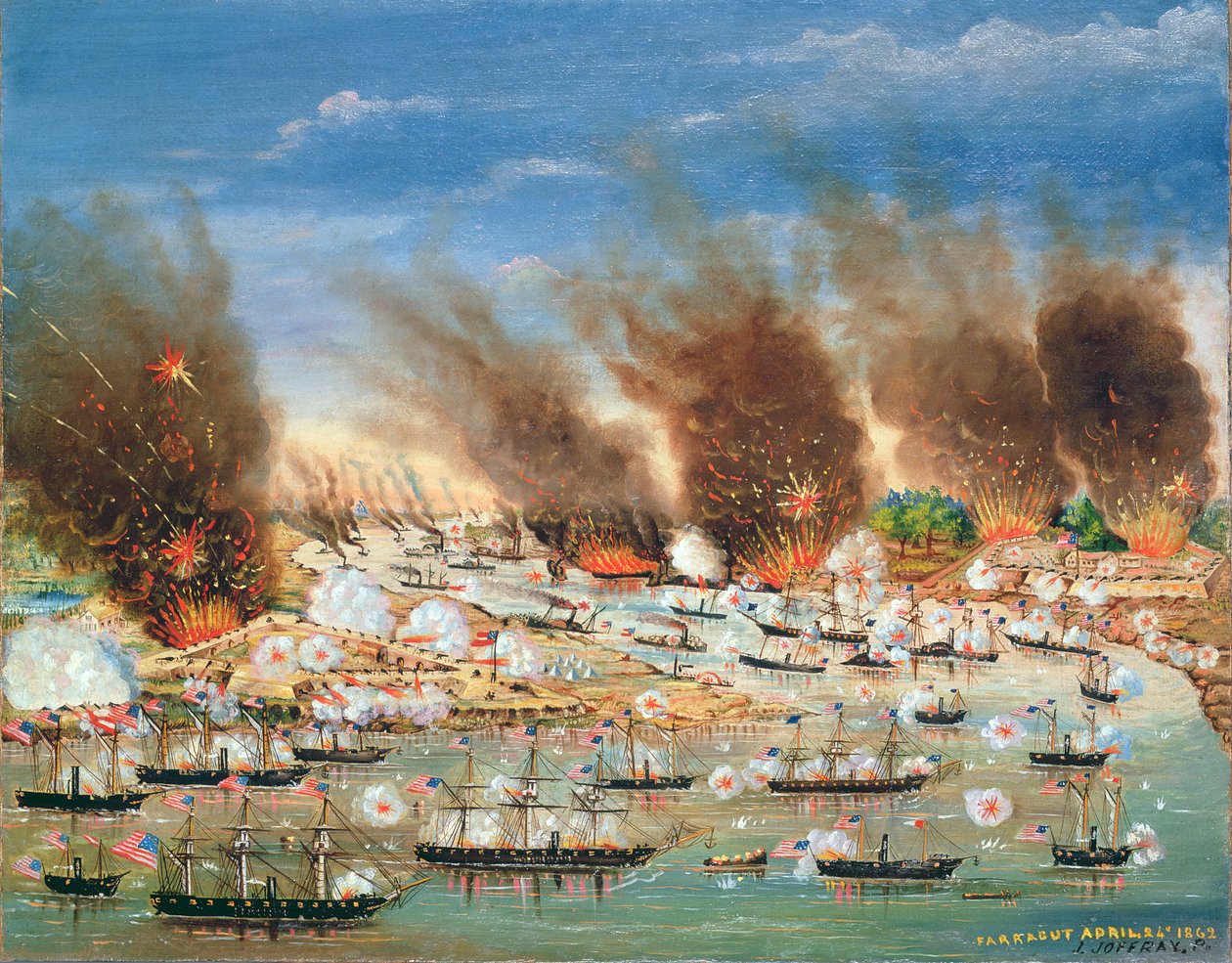 Farraguts-laivasto ohittaa Fort Jacksonin ja Fort St. Philipin, 1862 tekijältä J. Joffray