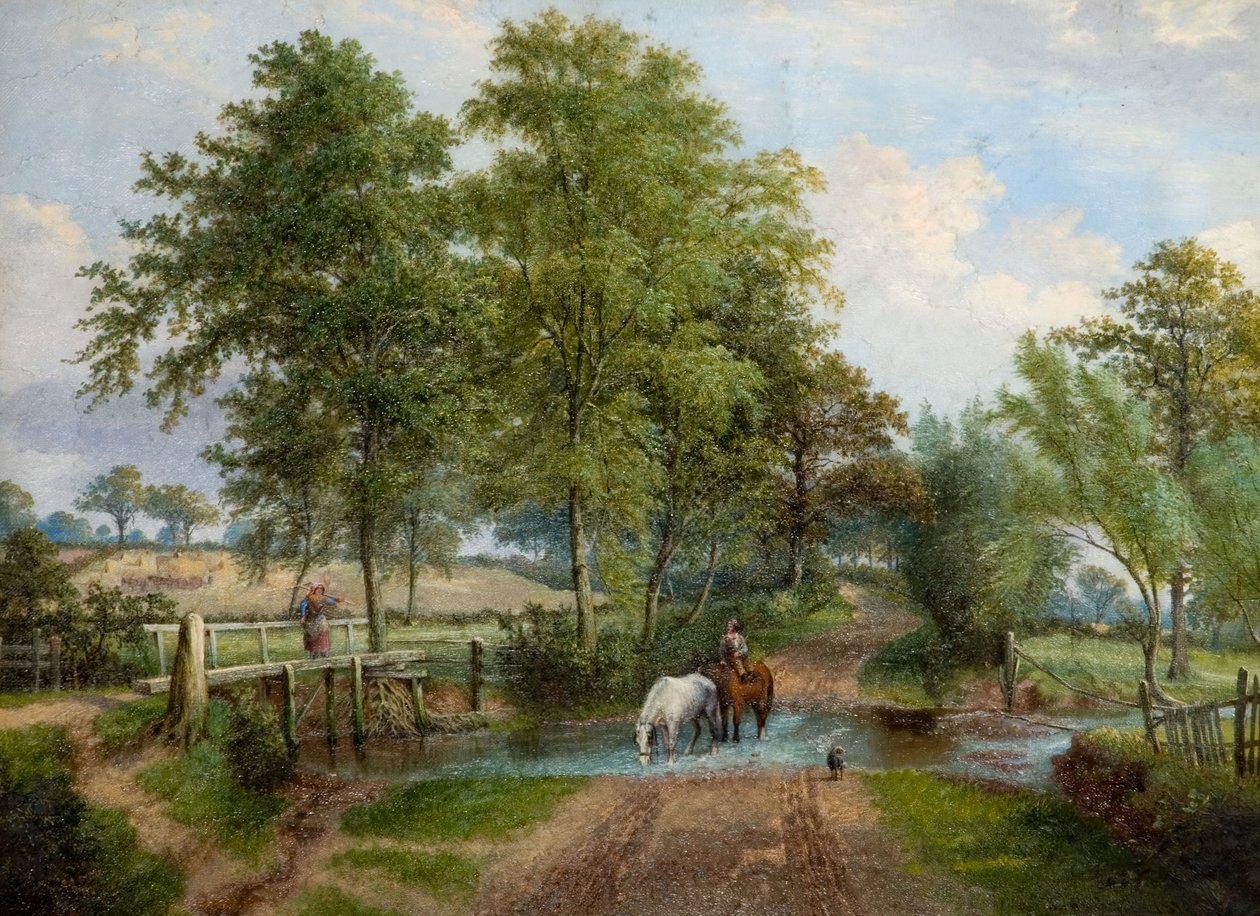 Maaseutumaisema hevosten kanssa Streamissa, 1870-luku. tekijältä J. Jolly