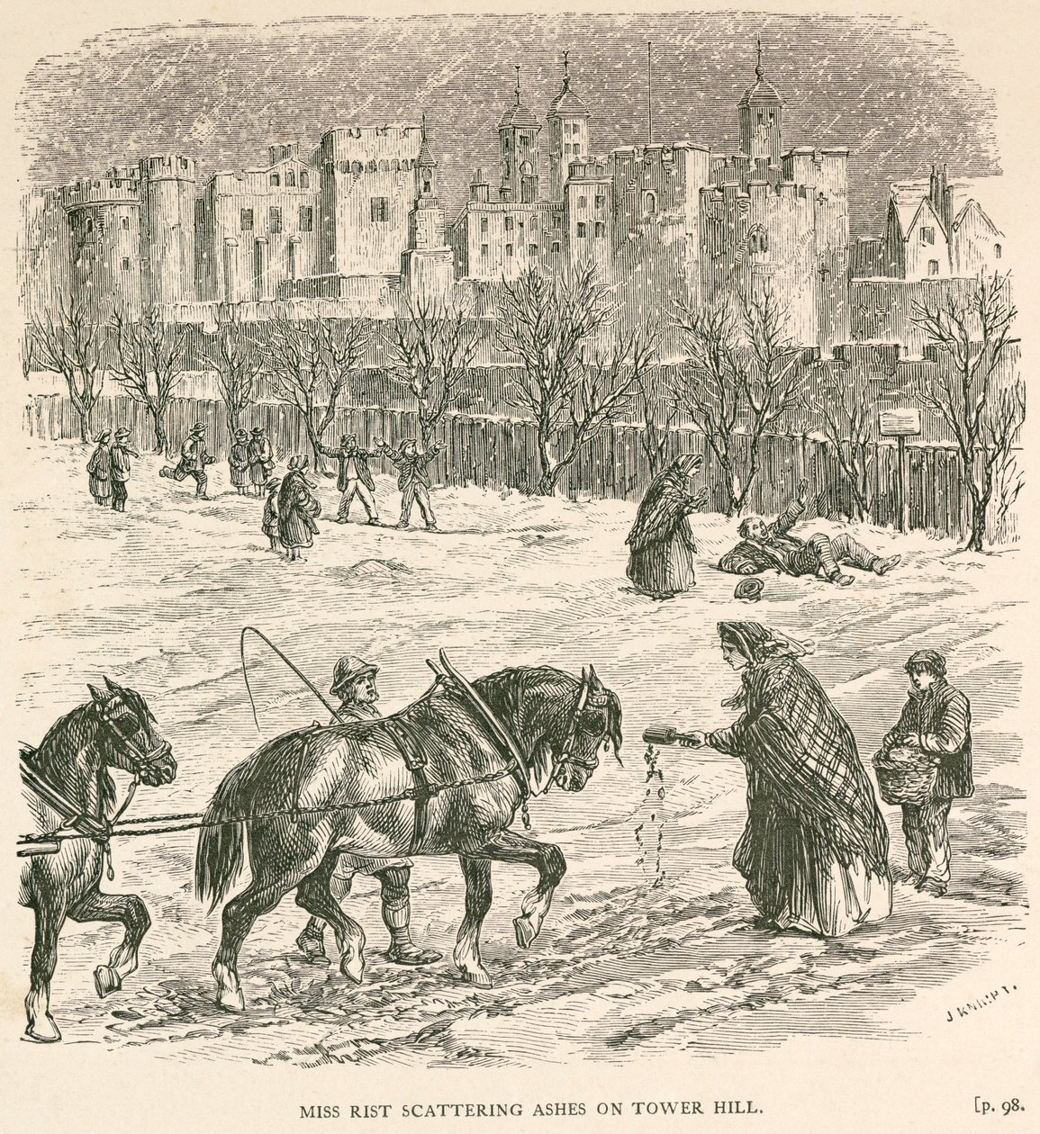 "Neiti Rist hajottaa tuhkaa Tower Hillille", Lontoo, 1840 tekijältä J Knight