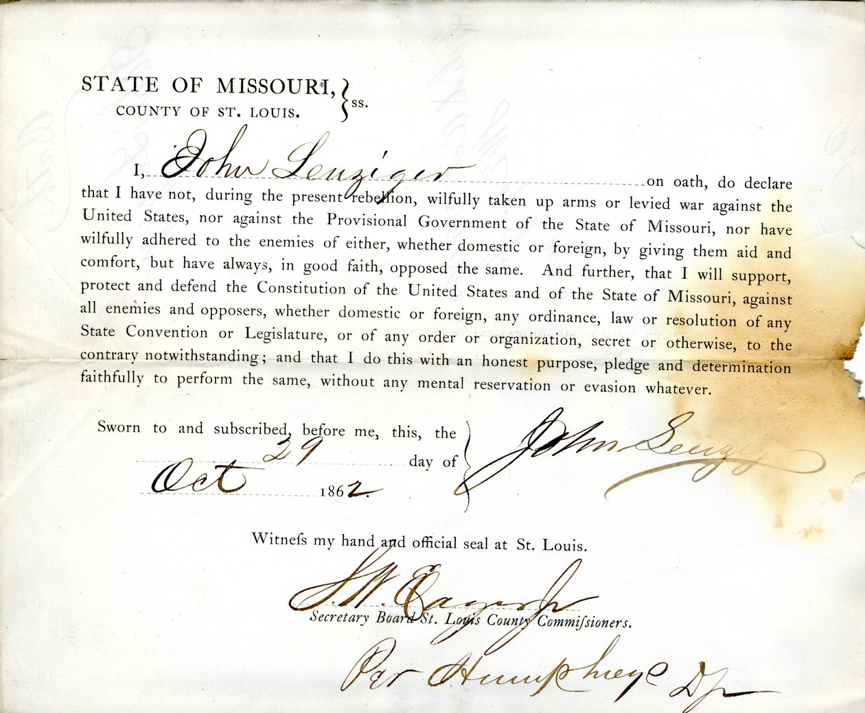 Uskollisuusvala John Leuziger Missourista, St.Louisin kreivikunta tekijältä J. Leuziger