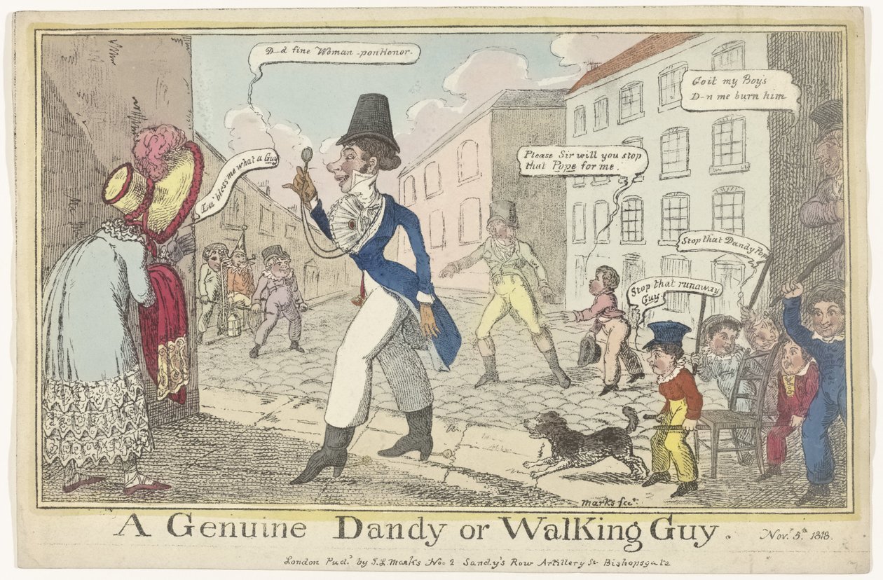 Spotprent dandy Guy Fawkes Dayn kanssa Aito Dandy tai kävelevä kaveri (nimi esineessä) tekijältä J. Lewis Marks