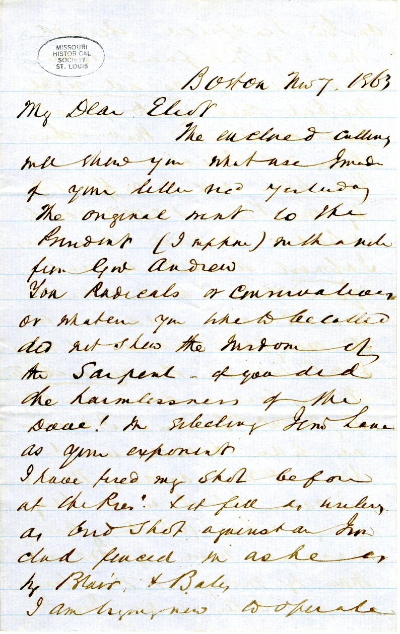 Kirje allekirjoitettu J.M.F. [J.M. Forbes], Boston, Eliotille [William G. Eliot], 7. marraskuuta 1863 tekijältä J. M. Forbes