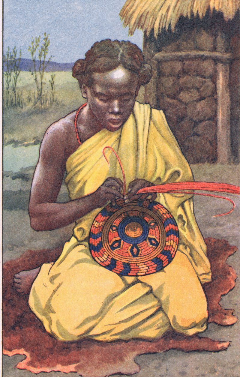 Raffia-työläinen, MacMillanin koulujulisteista, n. 1950-60-luvut (värilitho) tekijältä J. Macfarlane