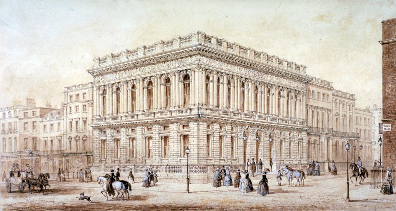 Näkymä Army and Navy Clubille Pall Mallissa, Westminster, Lontoo, c1853 tekijältä J Marchant