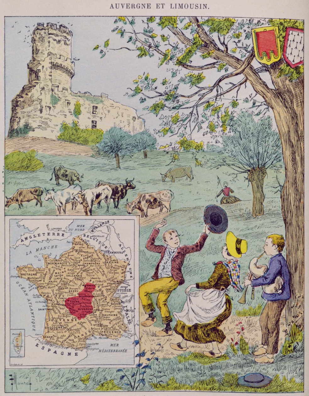 Auvergne ja Limousin, kuvitus Le Tour de Francelle, Marie de Grandmaison, 1893 tekijältä J. Maurel
