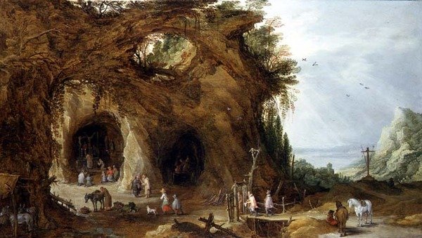 Pyhiinvaeltajat pyhäkössä vuoristomaisemassa (öljy paneelissa) tekijältä J. and Momper J. de Brueghel