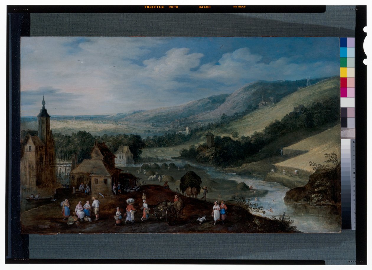 Laaja jokimaisema, jossa talonpojat keräävät satoa tekijältä J. & Momper J. de (1564 1635) Brueghel