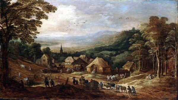 Syksyinen maisema talonpoikien kanssa tekijältä J. and Momper J. de Brueghel