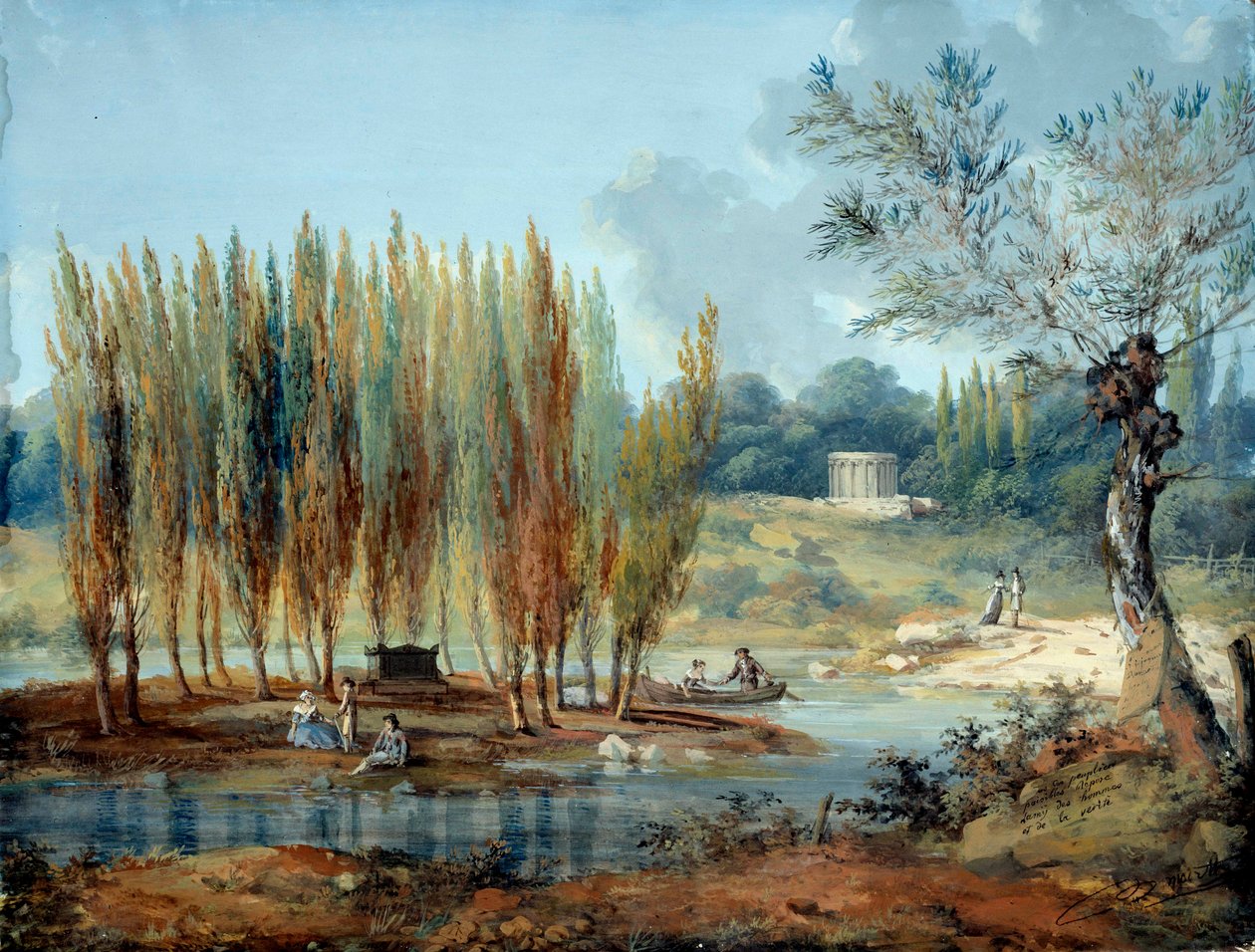 Näkymä sveitsiläisen filosofin Jean Jacques Rousseaun (1712-1778) haudasta Ermenonvillessä (Oise) J. Morethin maalaus (1700-luku) Pariisin museo Carnavalet tekijältä J. Moreth
