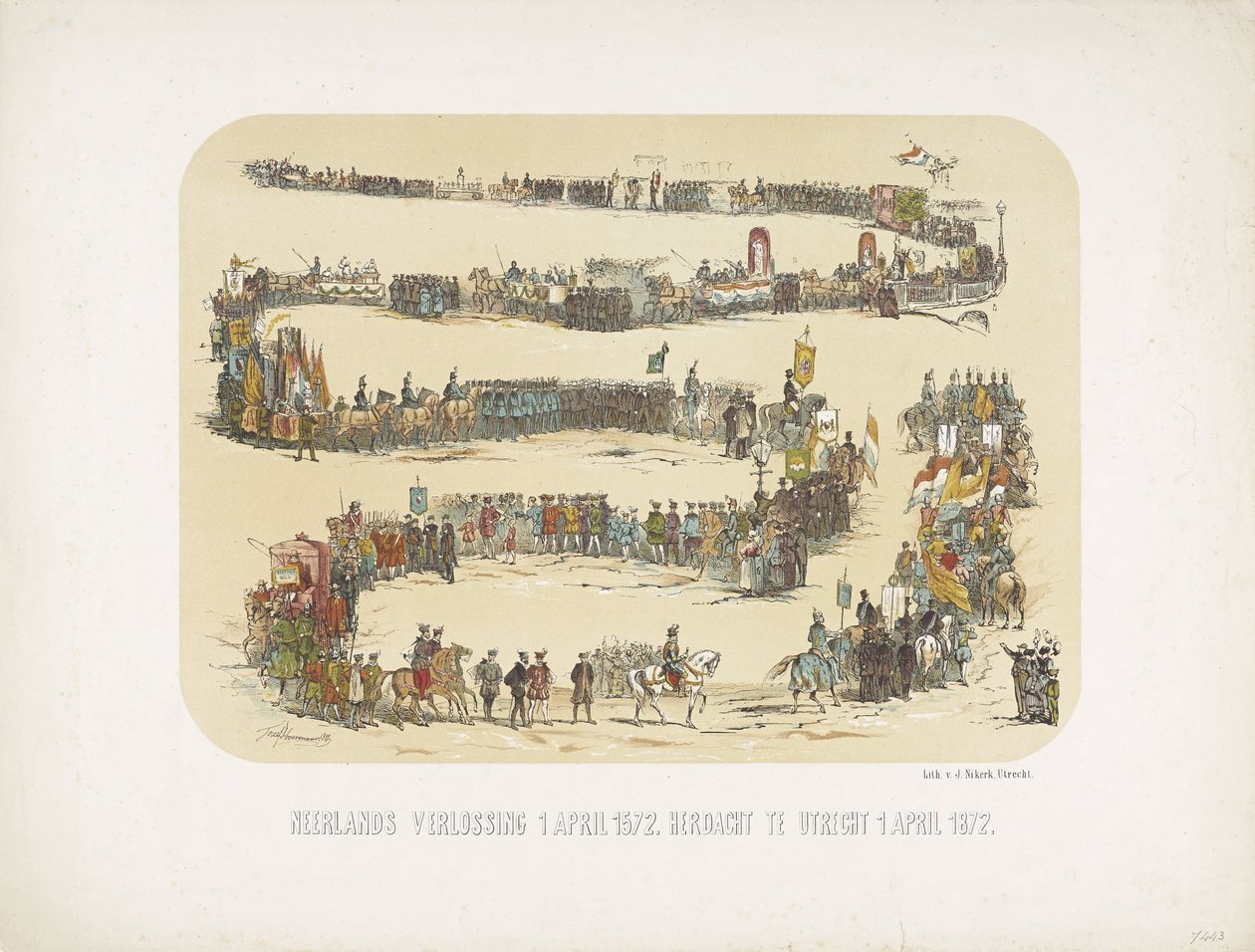 Hollantilainen lunastus 1. huhtikuuta 1572. Muistoa vietettiin Utrechtissa 1. huhtikuuta 1872 (esineessä oleva nimi) tekijältä J. Nikerk