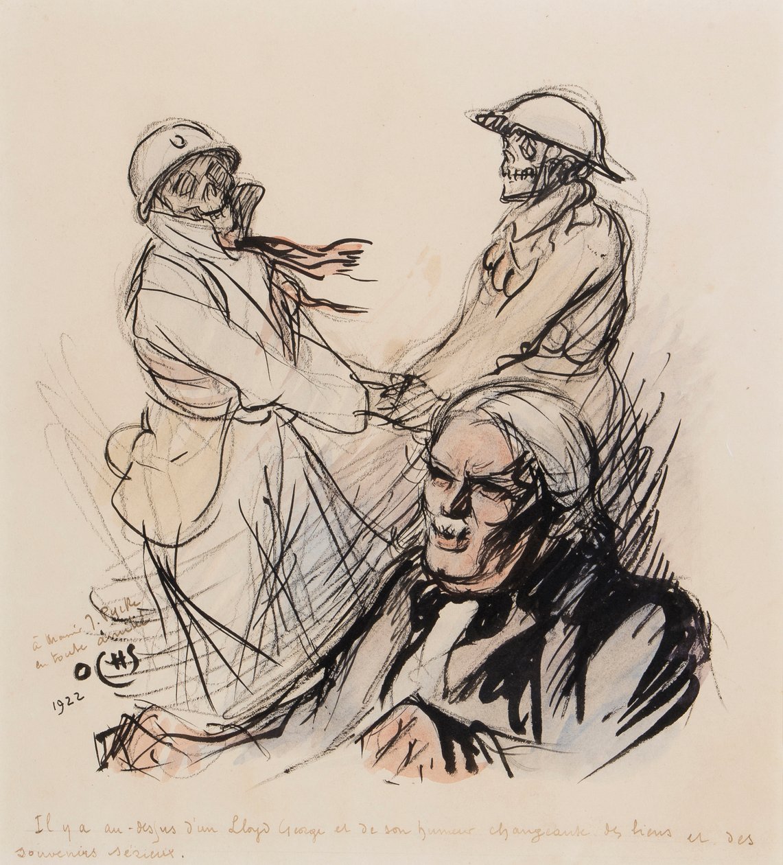Lloyd George soittaa edelleen ensimmäisen maailmansodan les lieus et les souvenirs -sarjaa vuosina 1922, 1922 (kynä, sivellin, muste ja wc paperilla) tekijältä J. Ochs