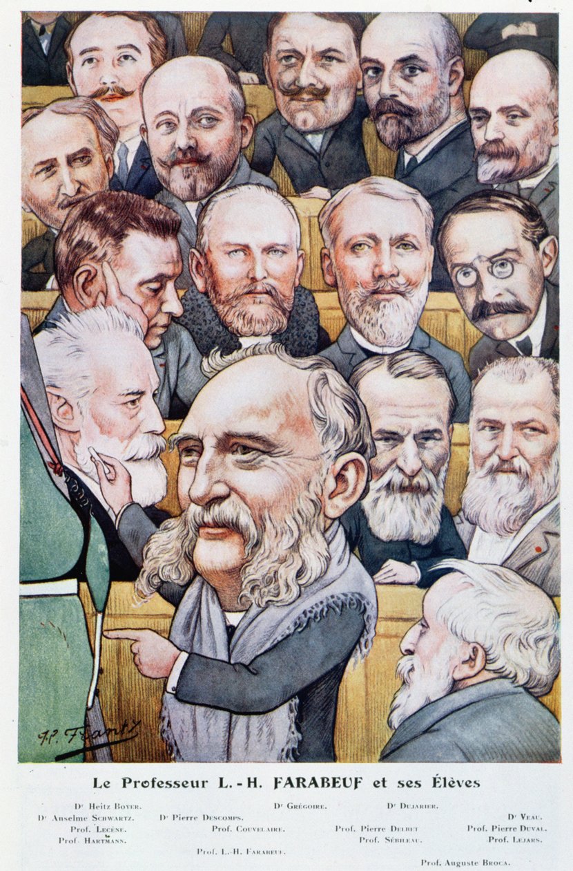 Professori Luis Hubert Farabeuf (1841-1910) ja hänen oppilaansa, Chanteclairista, n. 1910 tekijältä J P. Frantz