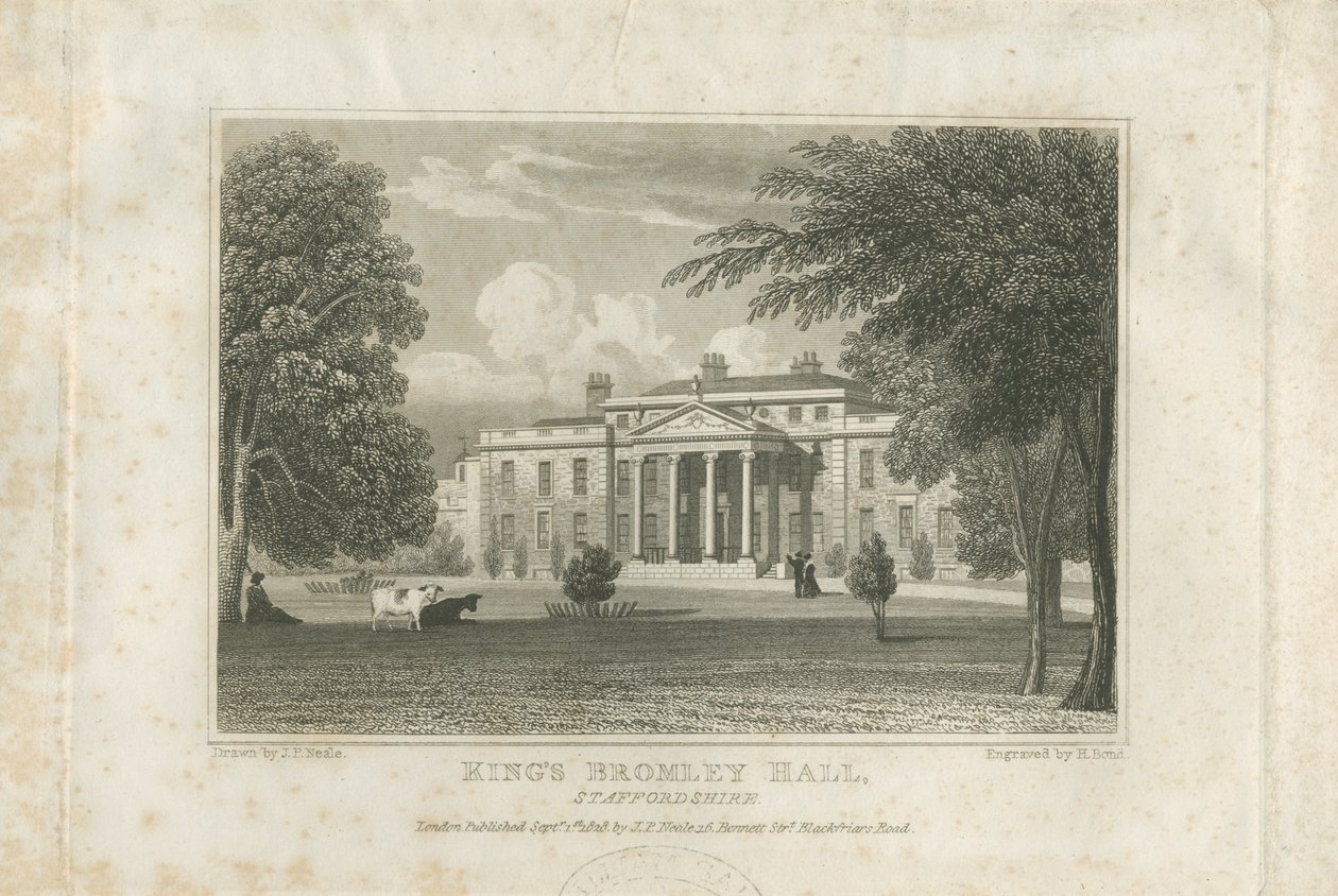 Kings Bromley Hall: kaiverrus, nd [c 1828] (painettu) tekijältä John Preston Neale