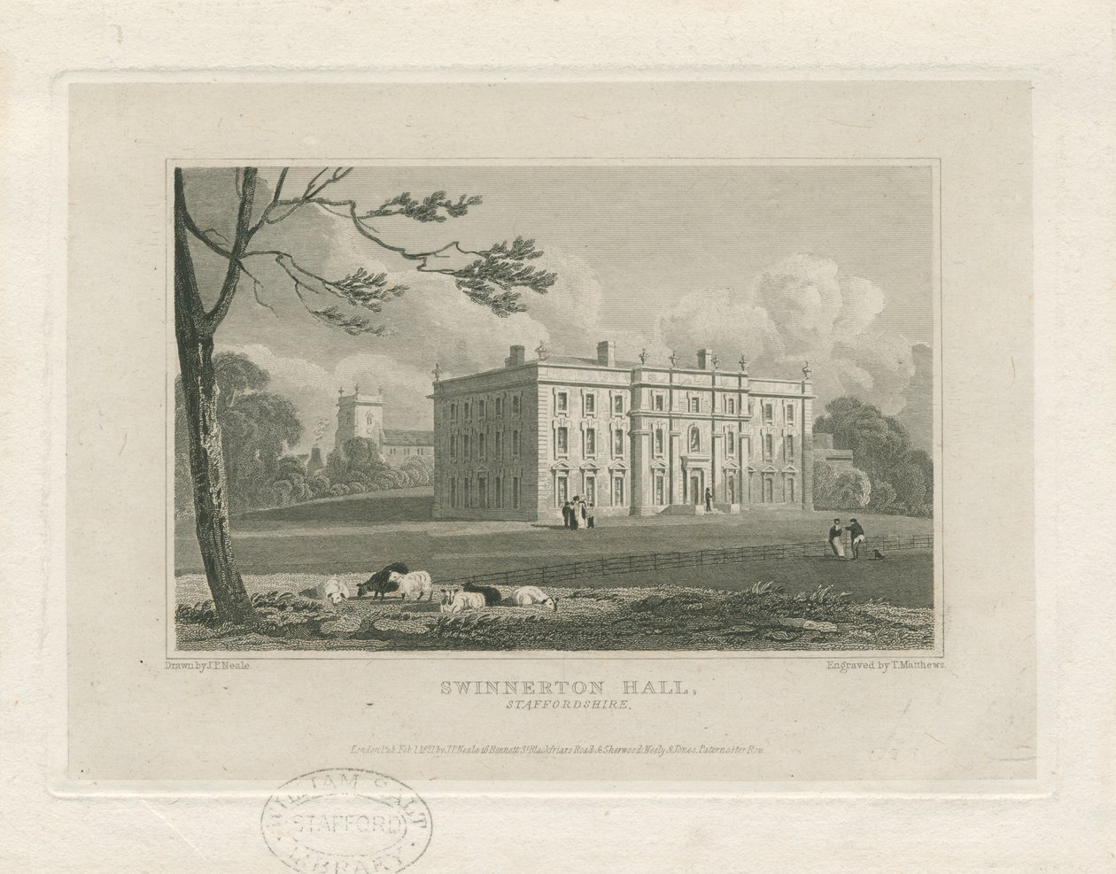 Swynnerton Hall: kaiverrus, nd [c 1821] (painettu) tekijältä John Preston Neale