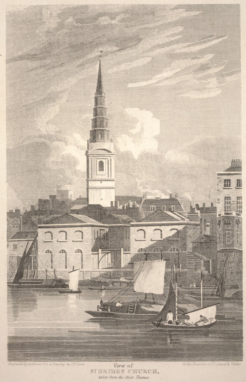 Näkymä St. Brides -kirkosta, otettu Thames-joelta, kaivertanut Matthews tekijältä John Preston Neale