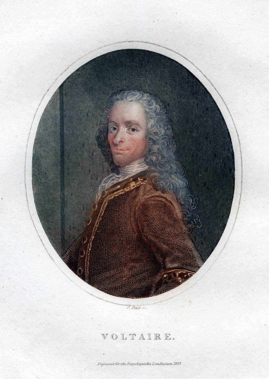 Francois Marie Arouet Voltaire, 1700-luvun ranskalainen kirjailija ja satiiri, 1828. tekijältä J. Pass