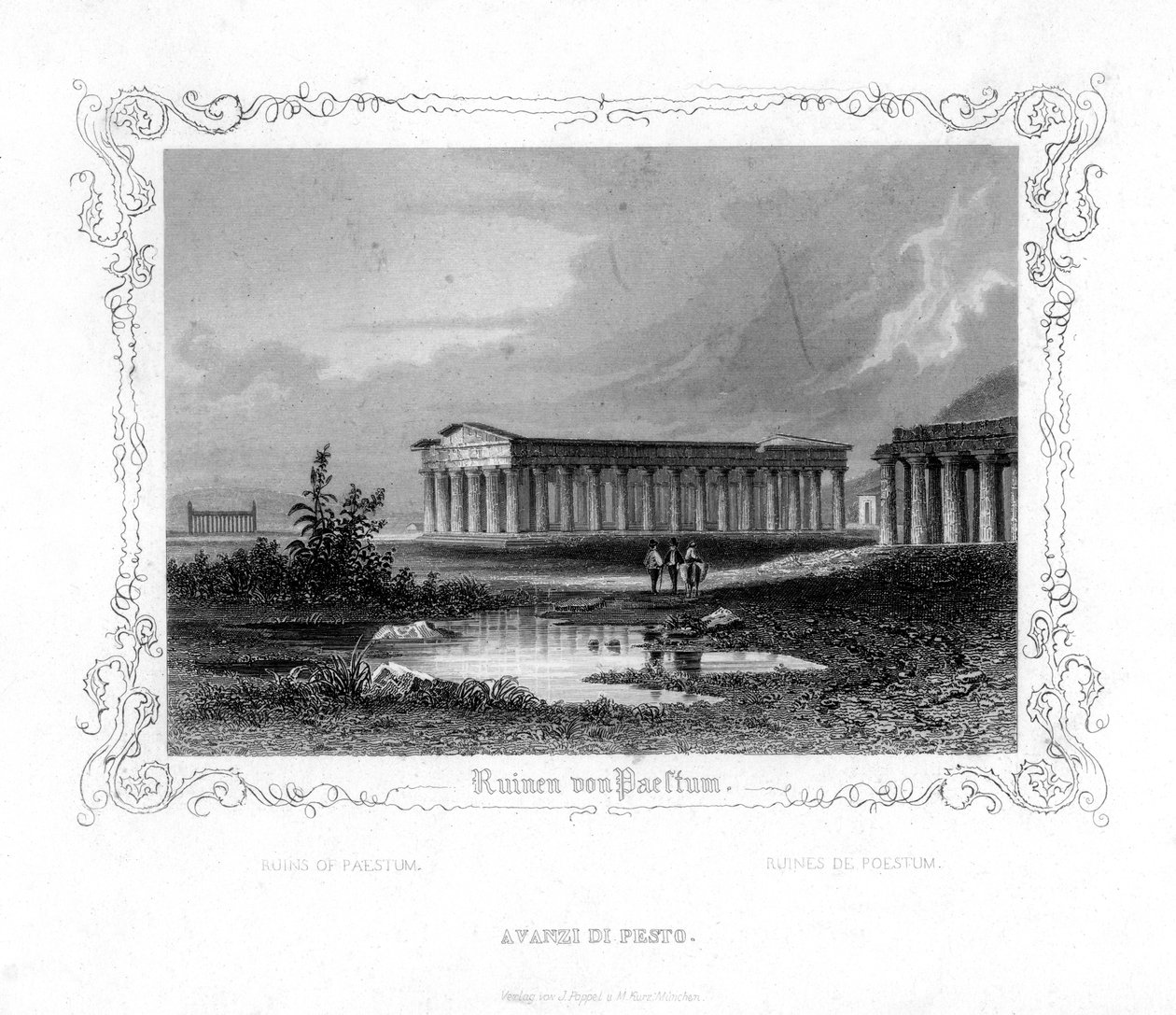 Paestumin rauniot, Italia, 1800-luku tekijältä J. Poppel