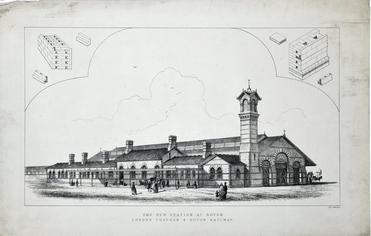 Uusi asema Dovorissa (sic). Lontoo, Chatham ja Dovor Railway. 1860 (etsaus paperille) tekijältä J. R. Jobbins