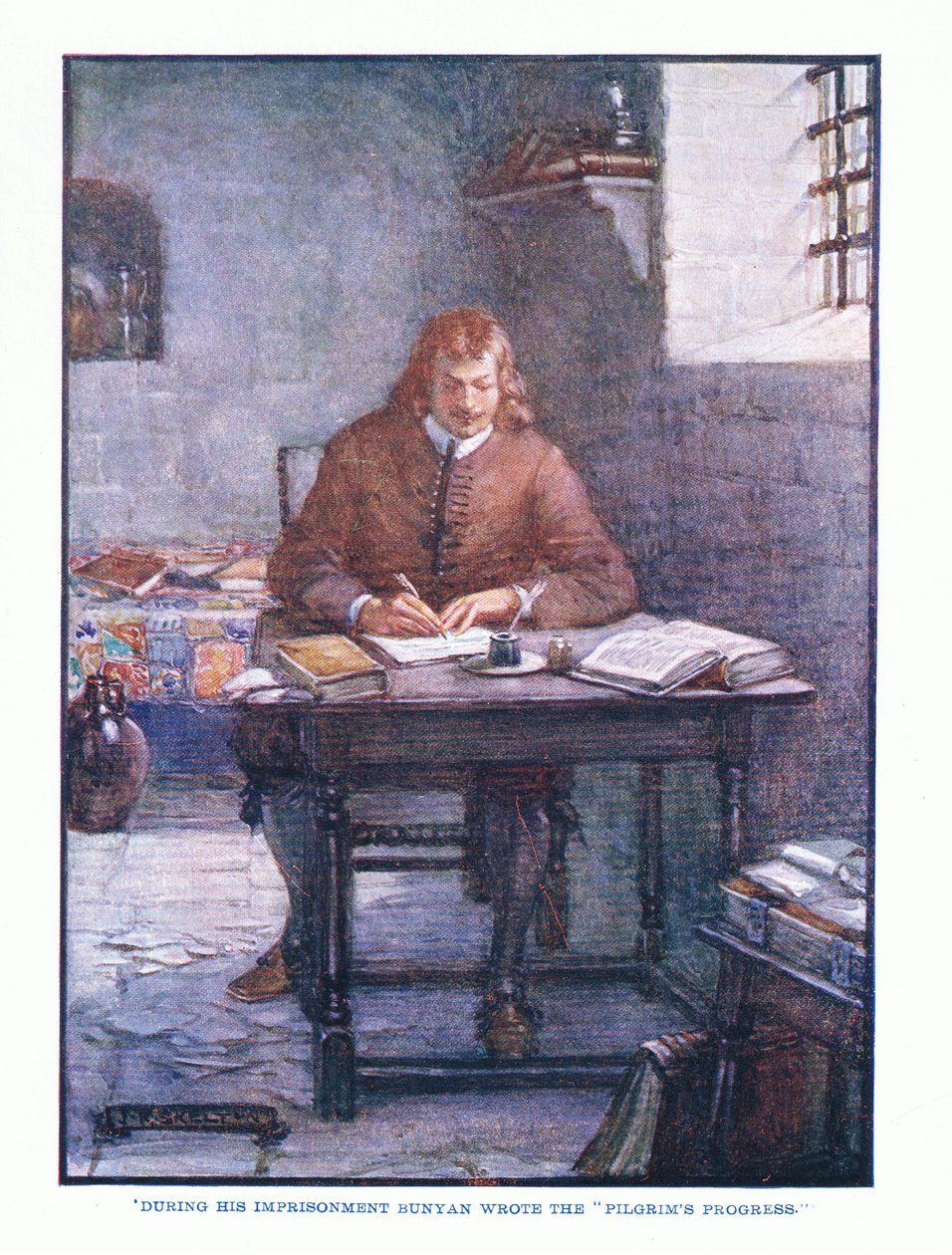 Vankeutensa aikana Bunyan kirjoitti The Pilgrims Progress -julkaisun Englanninkielisen kirjallisuuden pub. T C & EC Jack, n. 1920. tekijältä J. R. Skelton