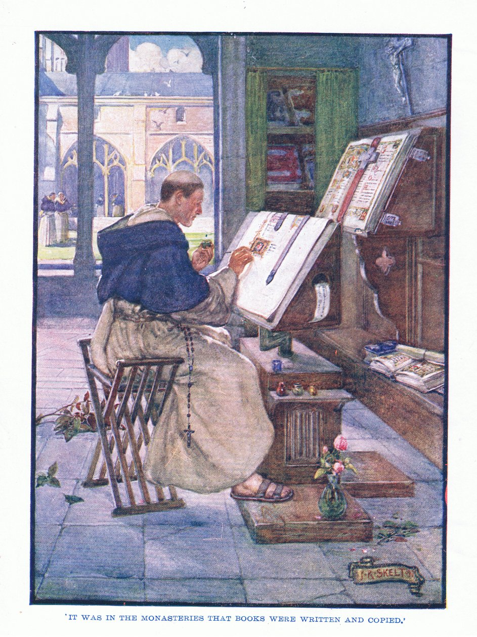 Kirjoja kirjoitettiin ja kopioitiin luostareissa T C & EC Jackin Englannin Literature -pubista, n. 1920. tekijältä J. R. Skelton
