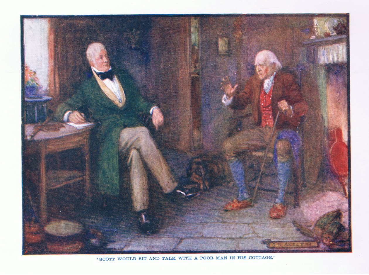 Scott istui ja jutteli köyhän miehen kanssa mökissään, englantilaisen kirjallisuuden pub. T C & EC Jack, n. 1920 tekijältä J. R. Skelton