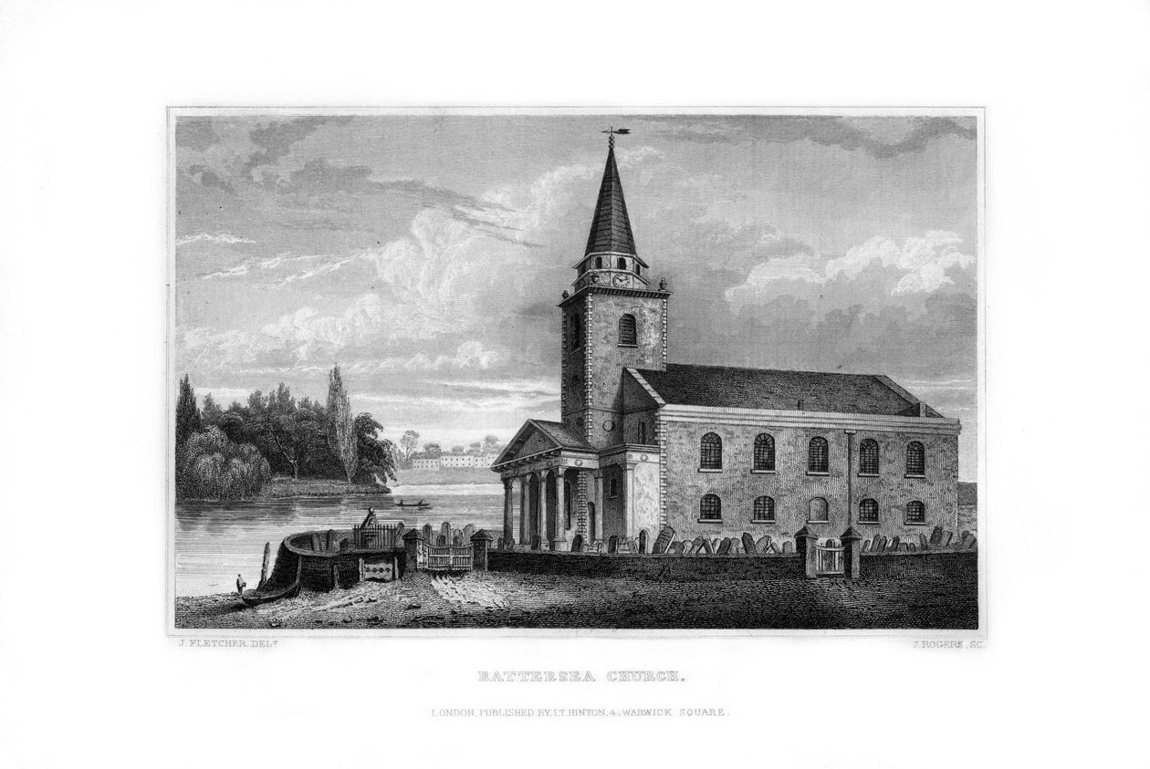 Battersean kirkko, Battersea, Lontoo, 1829. tekijältä J. Rogers