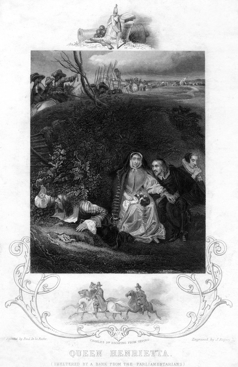 Kuningatar Henrietta, pankin suojassa kansanedustajilta, 1800-luku. tekijältä J. Rogers