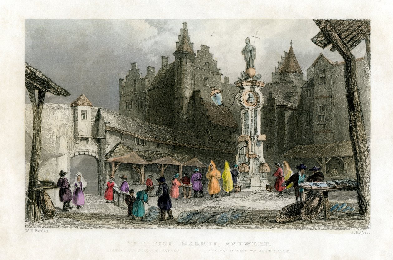 Kalamarkkinat, Antwerpen, Belgia, 1800-luku. tekijältä J. Rogers