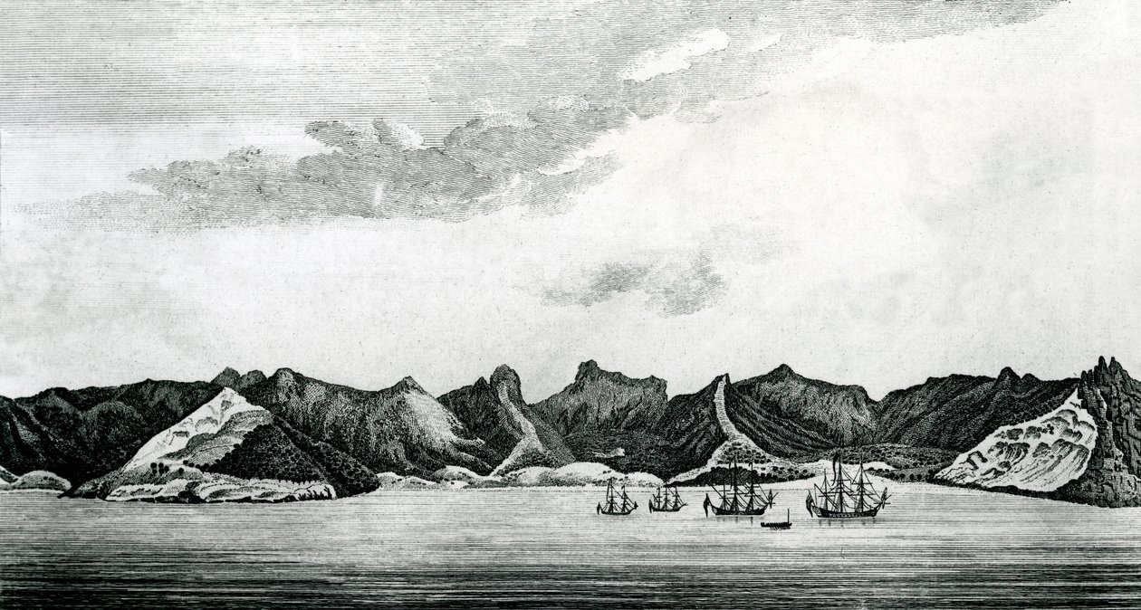 Näkymä Cumberlandin lahdelle Juan Fernandesin saarella, n. 1745 (kaiverrus) tekijältä J. S. Mason