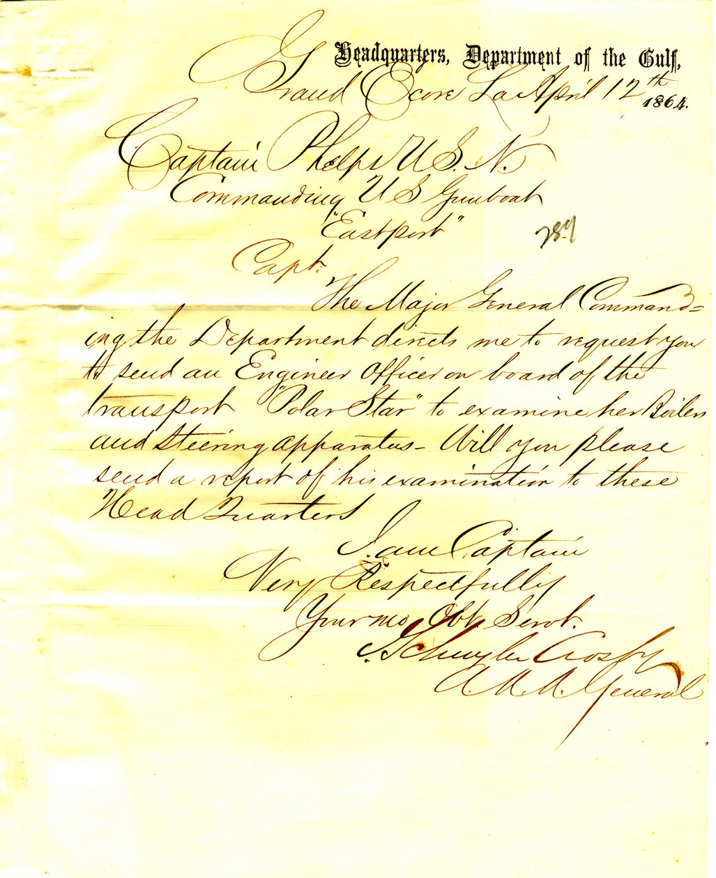 J. Schuyler Crosbyn kirje, Grand Ecore, Louisiana, Seth Ledyard Phelpsille, komentaja U. S. S. Eastport, 12. huhtikuuta 1864 tekijältä J. Schuyler Crosby