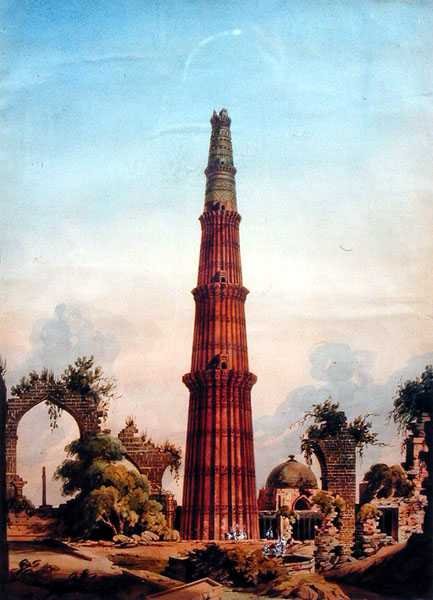 Qutb Minar, Delhi, noin 1815 (vesiväri paperille). tekijältä J. Smith