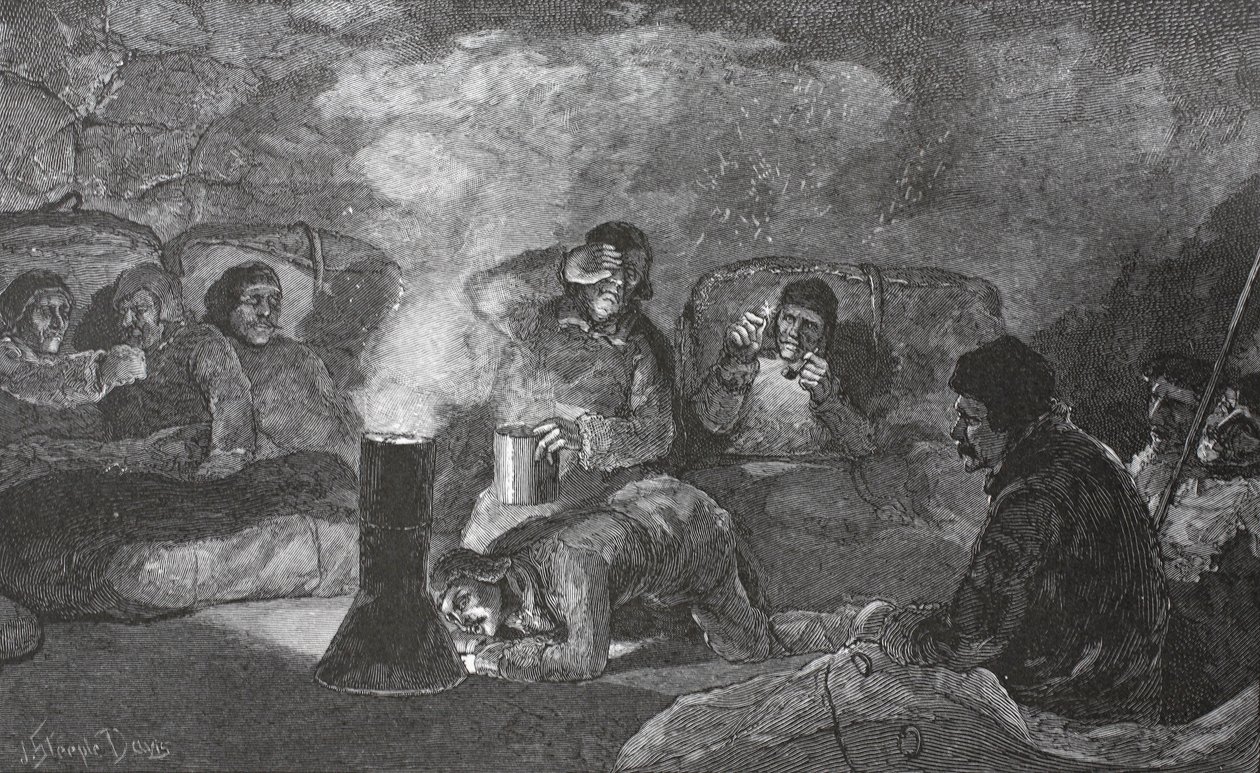 Talvimajamme sisustus Camp Clayssa ruoanlaiton aikana, 1883 pub. Lontoo 1886 tekijältä J. Steeple Davis