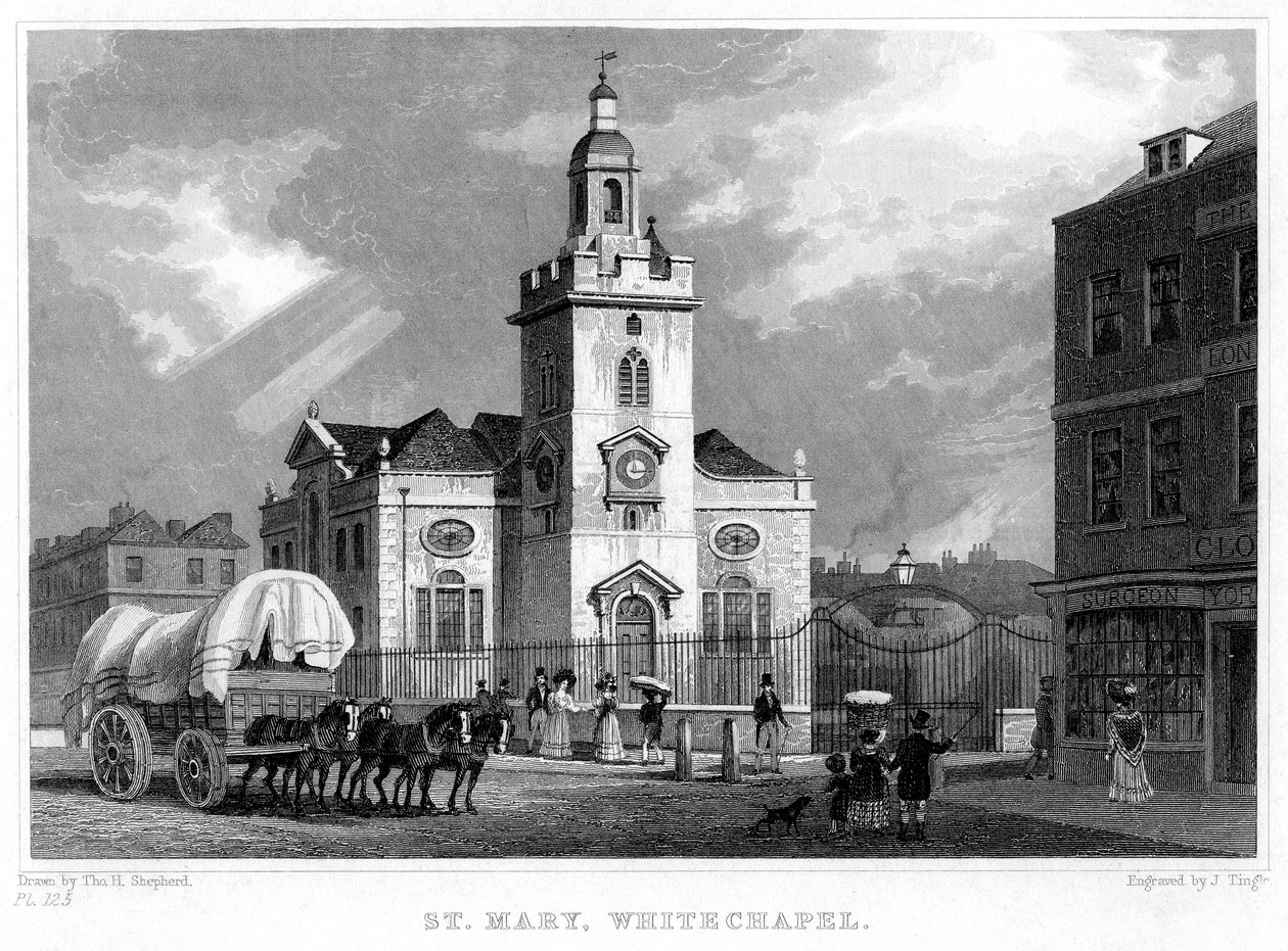 Pyhän Marian kirkko, Whitechapel, Lontoo, 1831. tekijältä J. Tingle