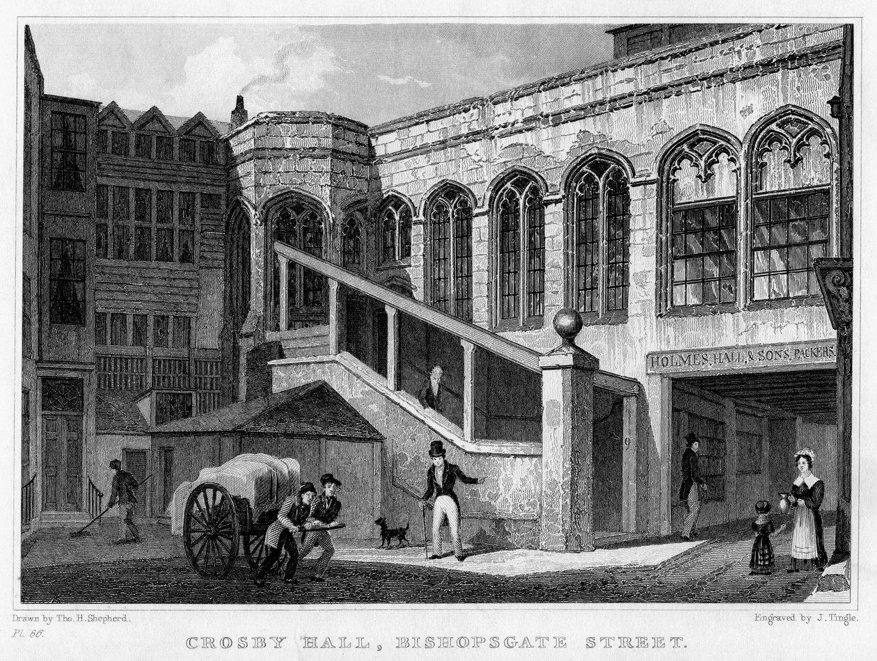 Crosby Hall, Bishopsgate Street, Lontoon kaupunki, 1830. tekijältä J. Tingle