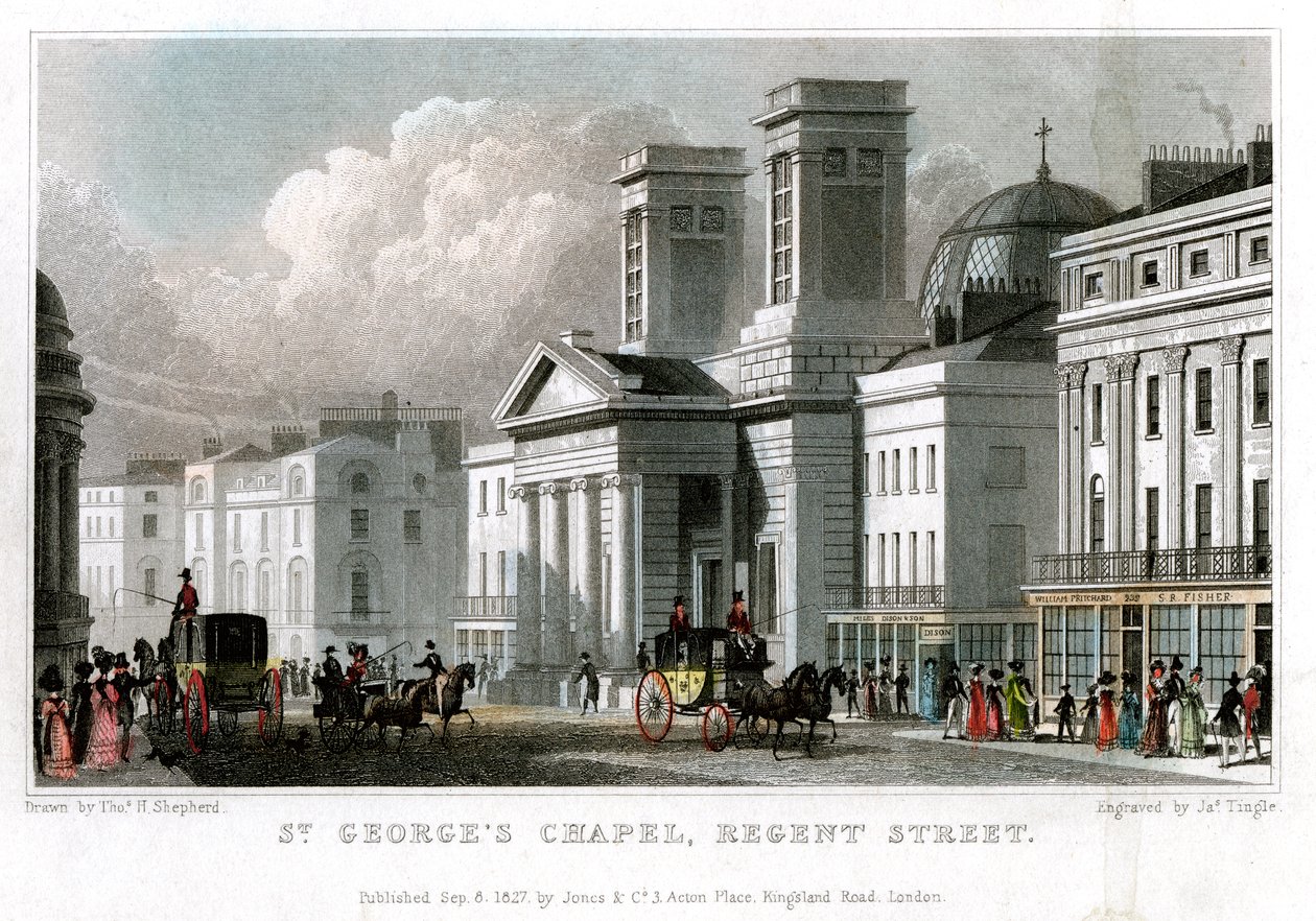 St Georges Chapel, Regent Street, Westminster, Lontoo, 1827. tekijältä J. Tingle