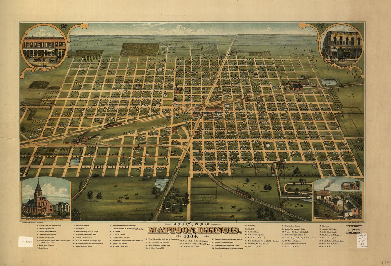 Lintuperspektiivistä Mattoon, Illinois 1884. tekijältä J. W. Shober and Carqueville Smith