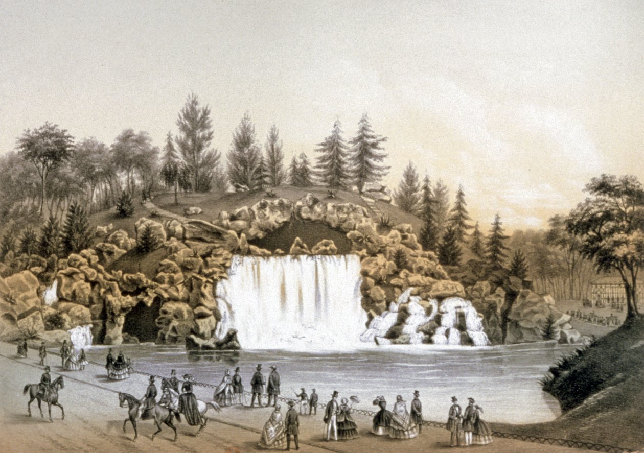 Bois de Boulognen vesiputous, n. 1860 (litografia) tekijältä J. Walter