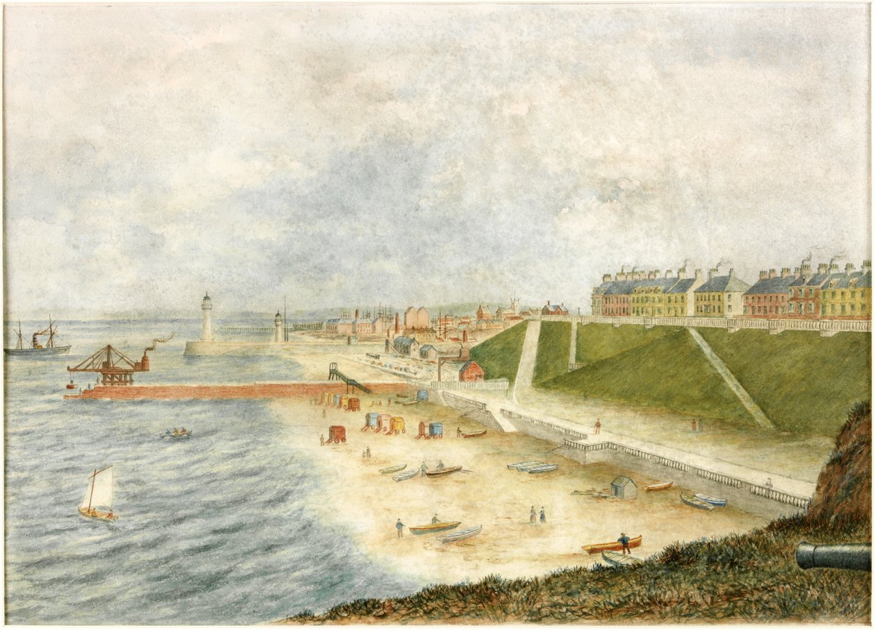 Roker Terrace and Harbour -sisäänkäynti Holey Rockista (akvarelli paperille) tekijältä J. Webster