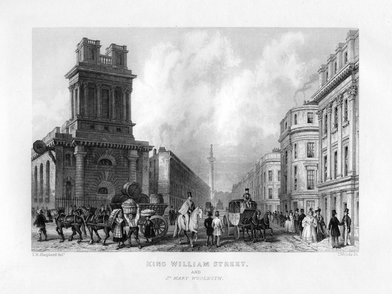 King William Street ja St Mary Woolnoth, Lontoo, 1800-luku. tekijältä J. Woods