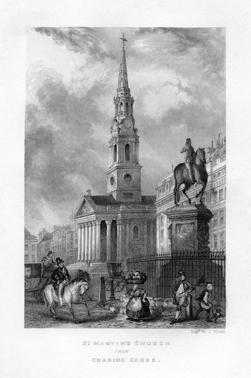 St Martinsin kirkko Charing Crossista, Lontoosta, 1800-luku. tekijältä J. Woods