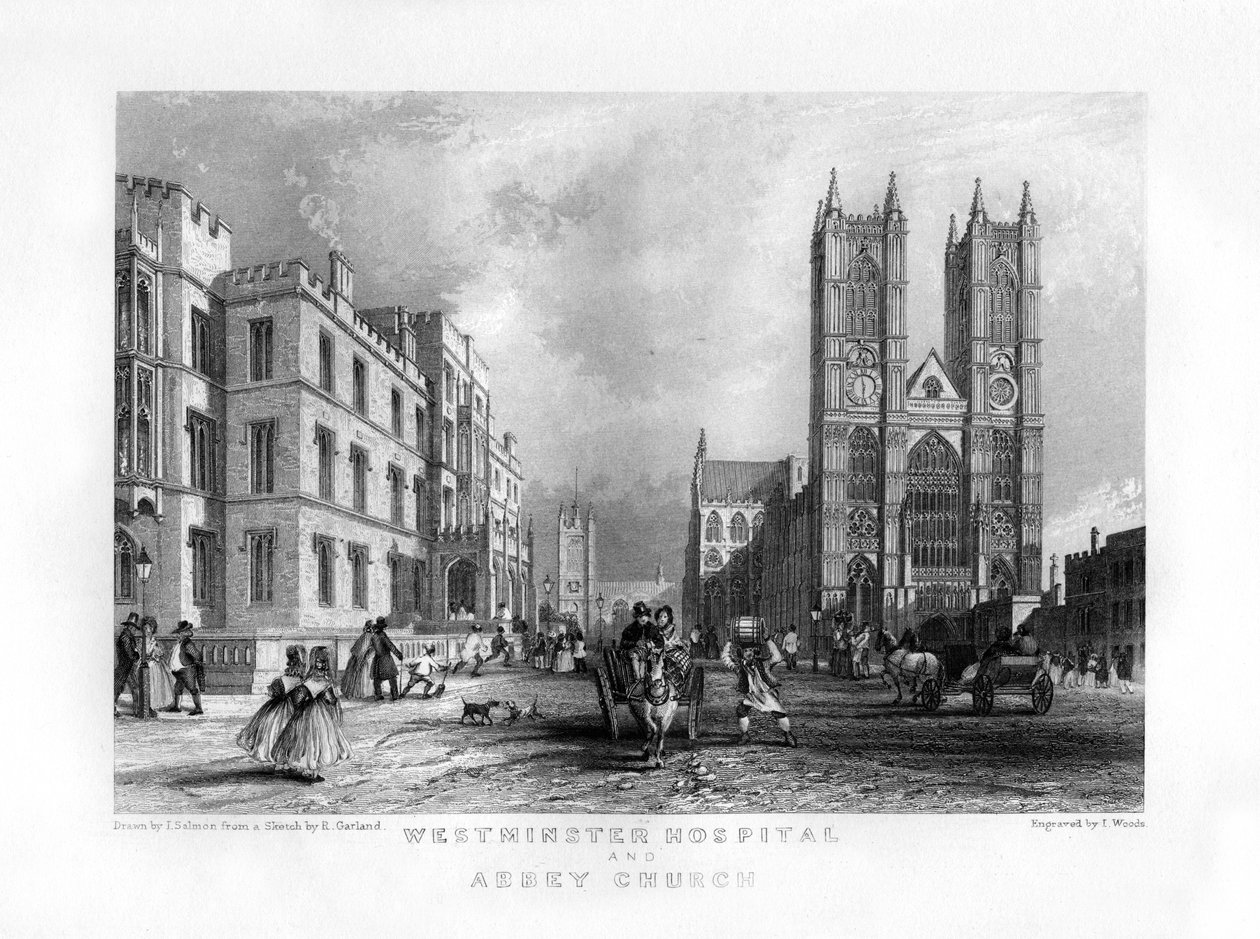 Westminster Hospital ja Abbey Church, Lontoo, 1800-luku. tekijältä J. Woods