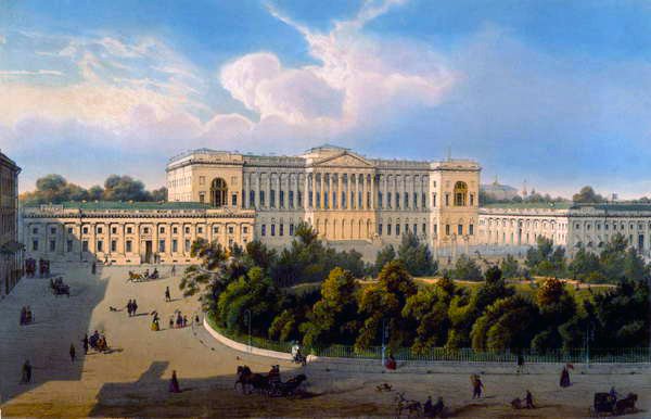 Suurherttua Mihailin palatsi, Näkymä aukiolta, paina Schmidt ja Chevalier, julkaisija Lemercier, Pariisi, 1850-luku tekijältä J. after Charlemagne