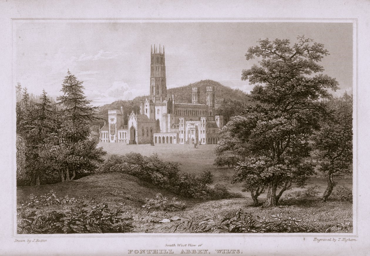 Lounaisnäkymä Fonthill Abbeystä, T. Highamin kaiverrus, 1823 tekijältä J. after Rutter