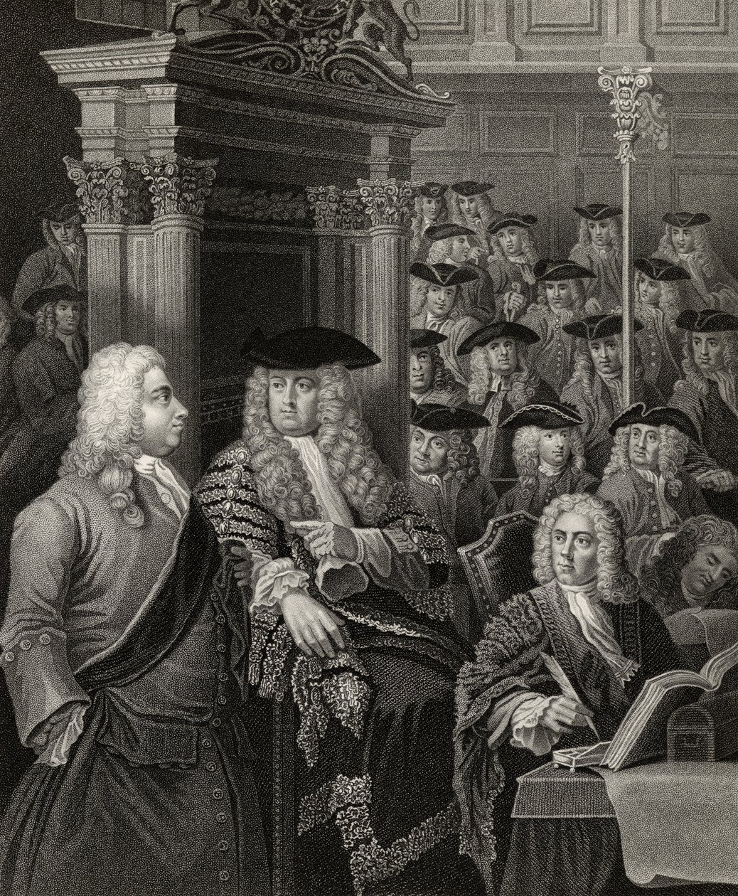 Sir Robert Walpolen hallinnon alahuone, kaiverrettu R. Page, "The Works of William Hogarth", julkaistu 1833 (katso 132107) tekijältä J. and Hogarth, W. Thornhill