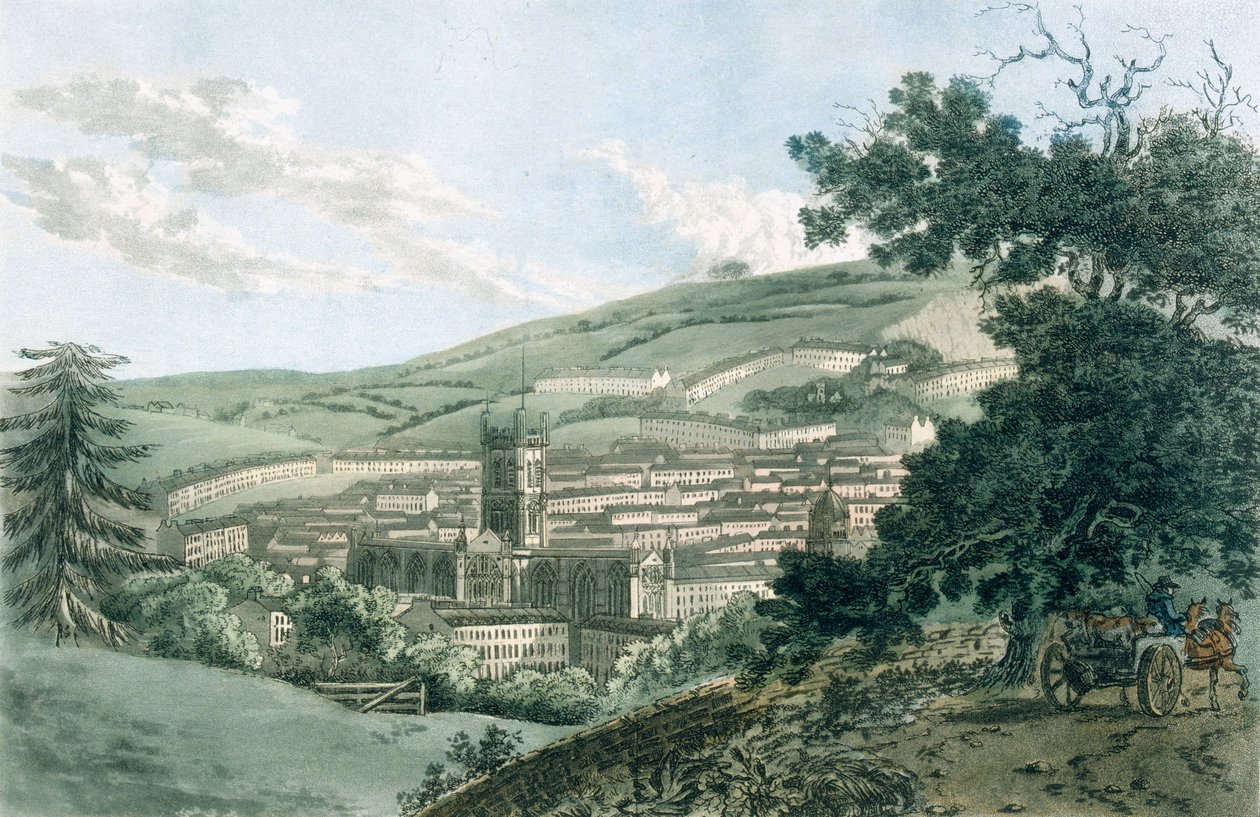 Bath, Prior Parkiin johtavalta yksityistieltä, julkaisusta "A Picturesque Guide to Bath, Bristol Hot-Wells, the River Avon and the Adjacent Country", julkaistu 1793 (väriakvatinta) tekijältä J. and Ibbetson, J.C. Hassell
