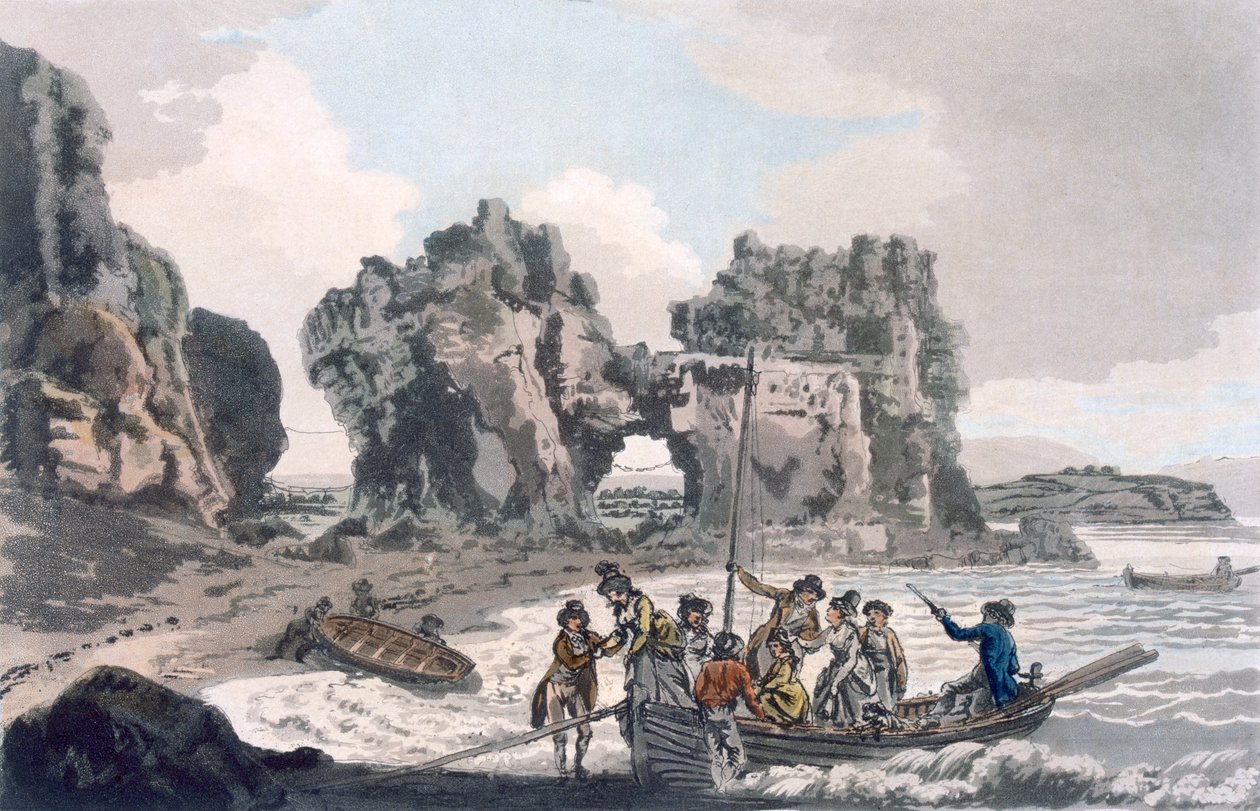 Näkymä Castle Rockille, laskeutumispaikalta Flat Holmesissa, maalauksellisesta oppaasta Bathiin, Bristol Hot-Wellsiin, Avon-jokeen ja viereiseen maahan, julkaistu 1793 (väriakvatinta) tekijältä J. and Ibbetson, J.C. Hassell
