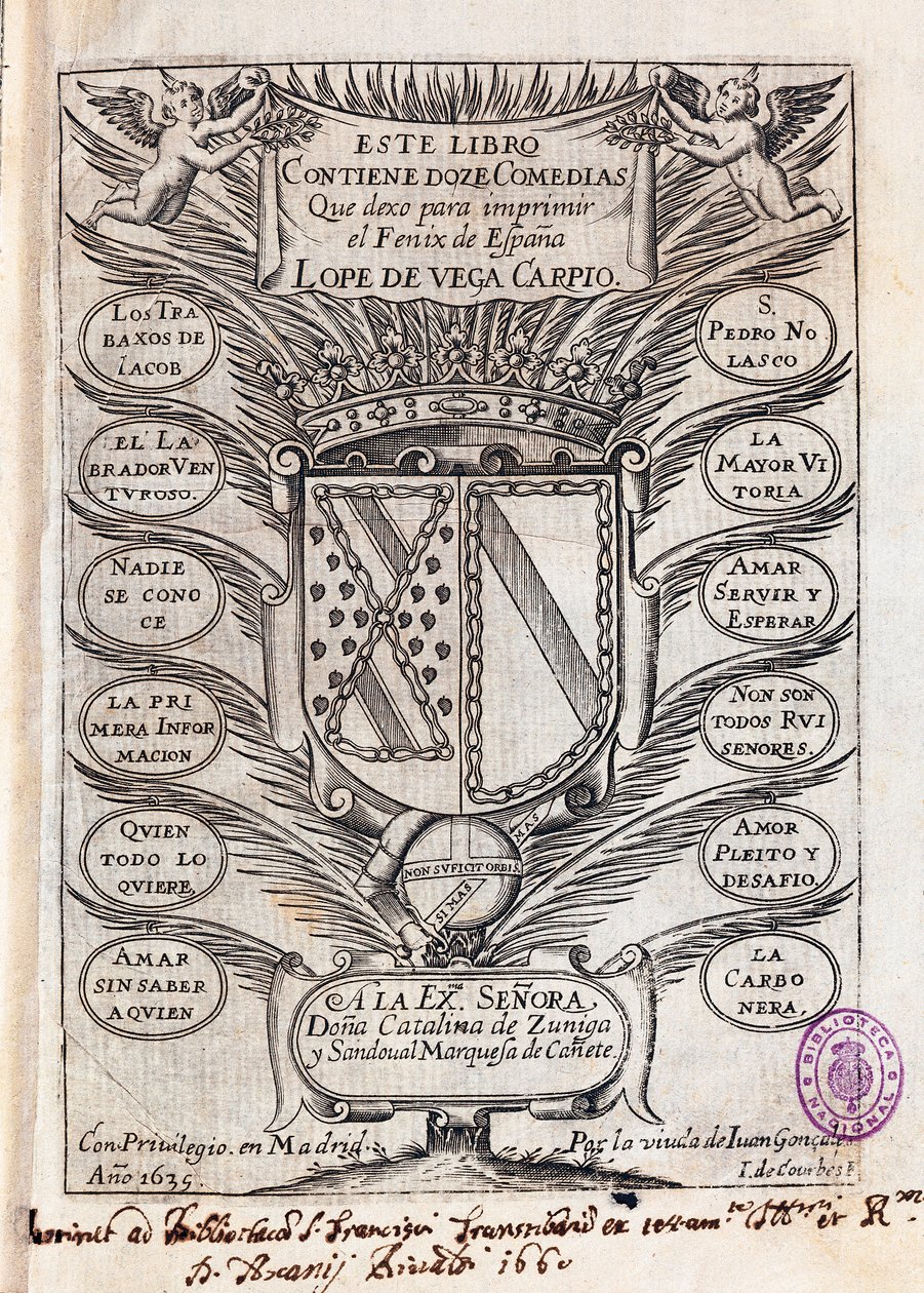 Vega Carpion (1562-1635) toimittaman Felix Lopen kahdentoista komedian kokoelman nimiölehden puoliväli. tekijältä J. de (after) Courbes